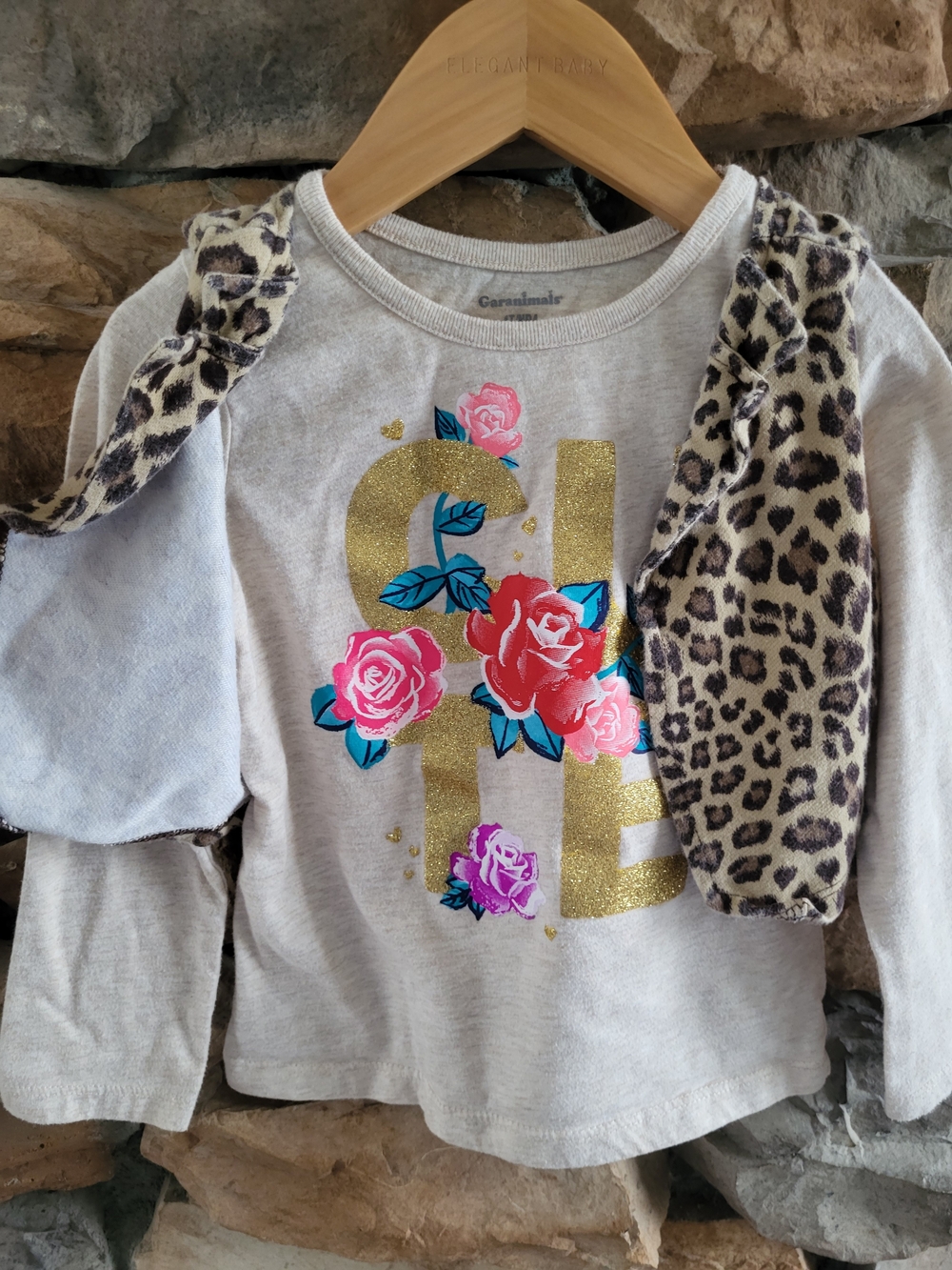 Cream Long-Sleeve Tee with Leopard Vest and Floral Gold Graphic - Picture 2 of 5